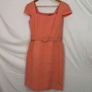 Alex Marie Dark Peach/Coral Textured Floral Sheath Dress with Belt in Size 6
